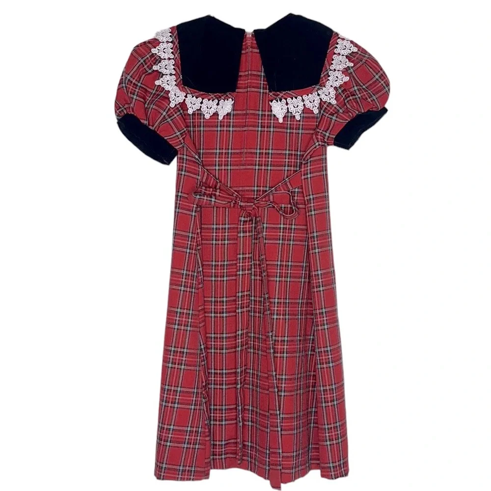 RARE EDITIONS Girls Red Plaid Short Puffy Sleeve Dress Black Velvet Collar Lace